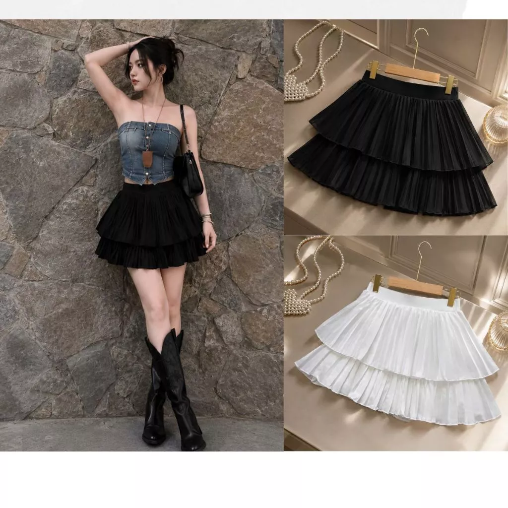 Chân váy xếp ly The Simple bigsize hai tầng bồng bềnh dáng xòe lưng cạp cao eo chun co giãn gợi nếp dễ phối   CVDL