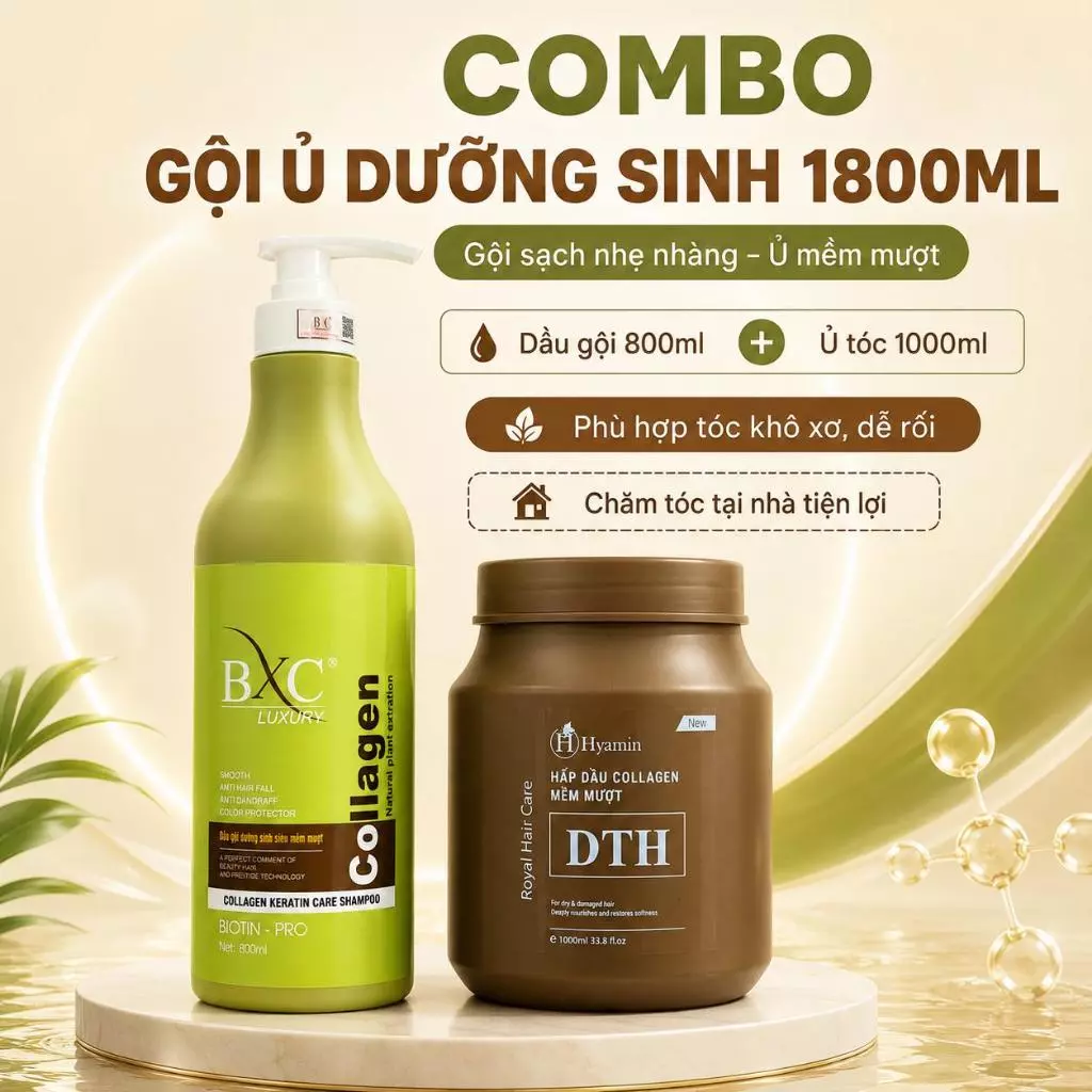 Combo Dầu Gội Dưỡng Sinh BXC Kem Ủ Tóc Hyamin Collagen, Chăm Sóc Tóc Khô Xơ, Dưỡng Tóc Mềm Mượt