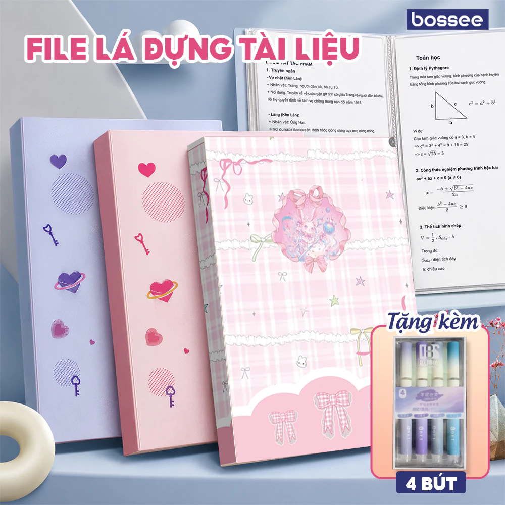 [TẶNG 4 BÚT] File Lá Đựng Tài Liệu A4 Bossee Họa Tiết Cute 30/60 Lá - File Học Tập Màu Pastel Bìa Nhựa Chống Nước