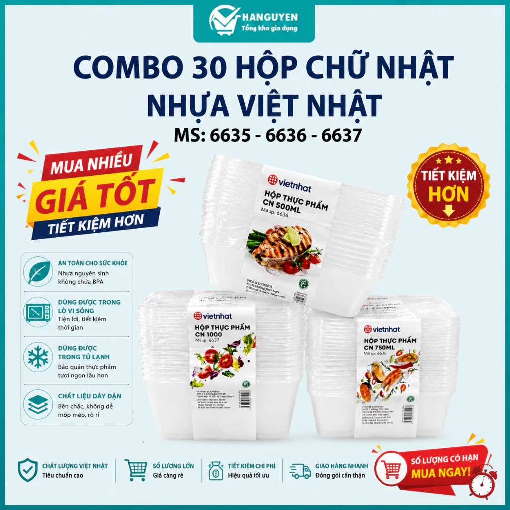 Combo 30 hộp chữ nhật nhựa Việt Nhật trong suốt có nắp, đựng thức ăn và bảo quản thực phẩm tiện dụng - 6635, 6636, 6637