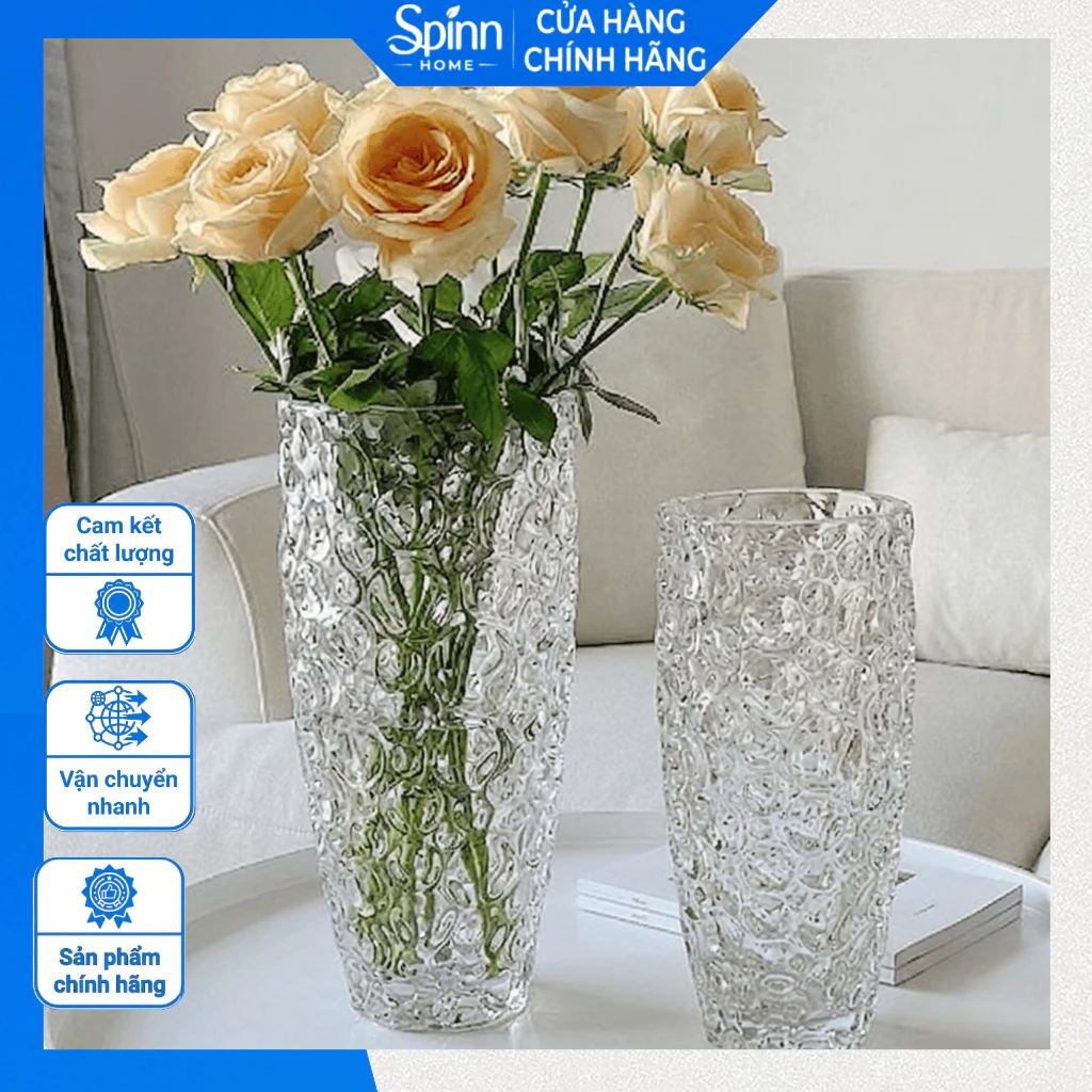 Lọ cắm hoa thủy tinh thiết kế vân nổi cao cấp, bình hoa decor phòng khách sang trọng hiện đại