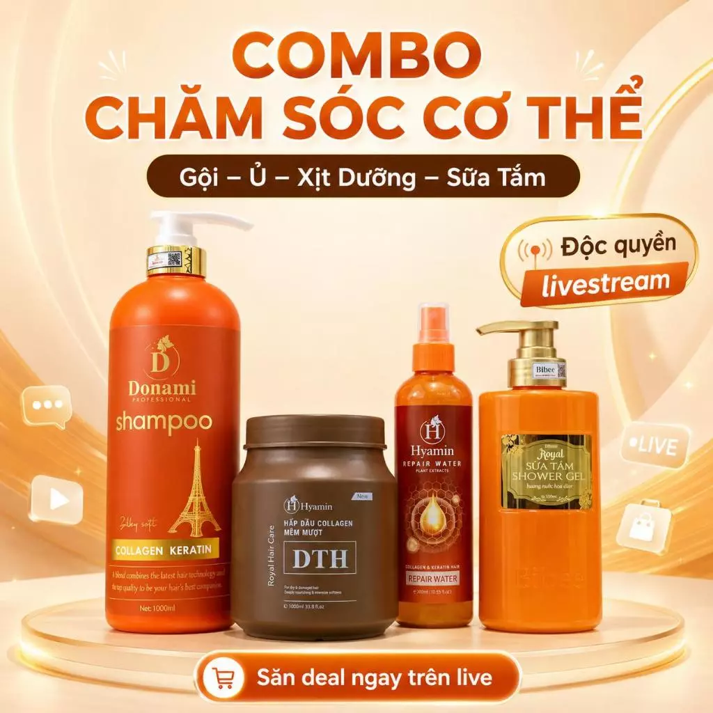 Dầu Gội Donami 1000ml Tặng Ủ Tóc Hyamin Sữa Tắm Bibee và Xịt Dưỡng Hyamin giúp tóc mềm mượt body thơm lâu