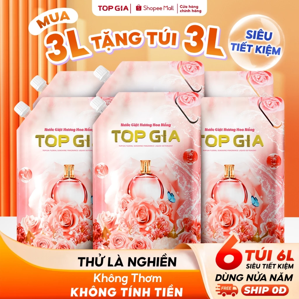 [MUA 3L TẶNG 3L] Nước Giặt TopGia Hương Hoa Nắng & Huyền Dịu Dịu Nhẹ, Lưu Hương 72H, Túi 1L,2L