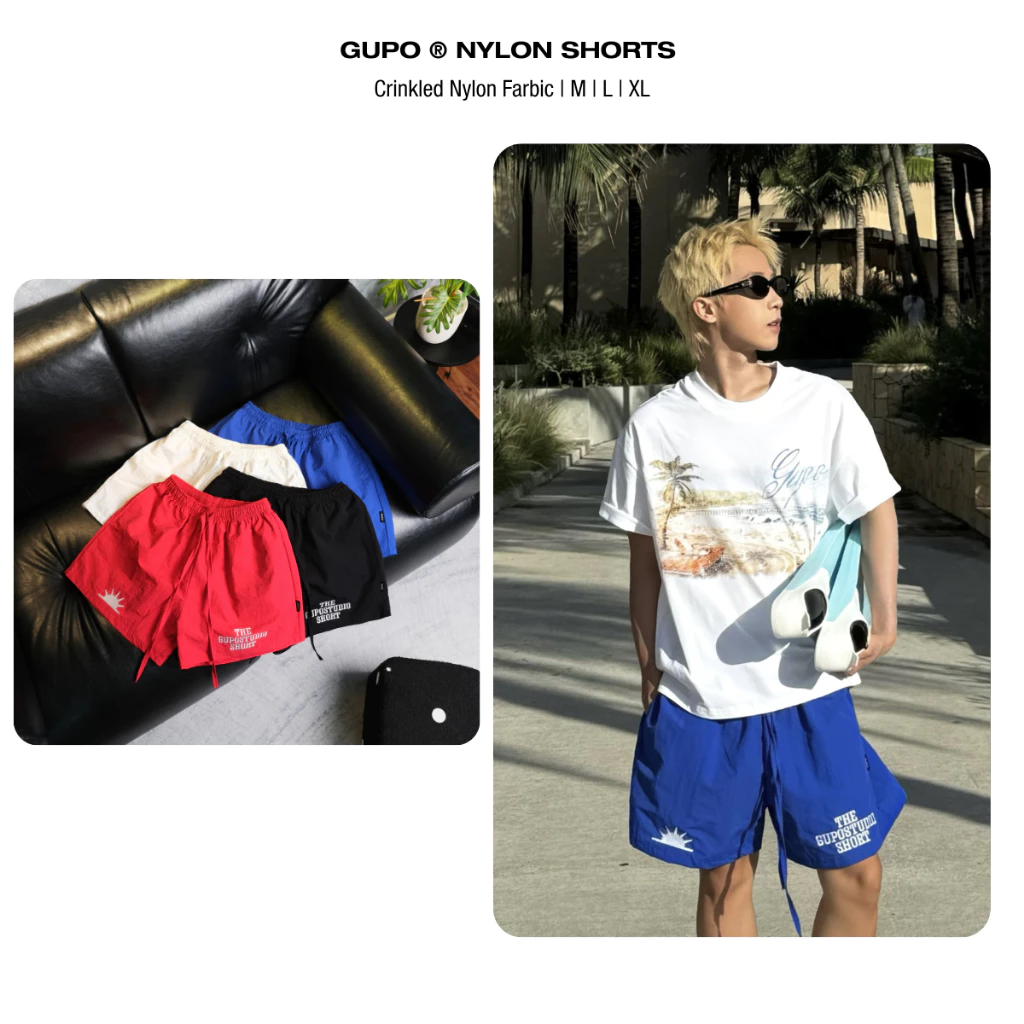 Quần Short Vải Dù Cao Cấp Unisex GUPO Form Rộng Trên Gối LOGO Thêu - GS04P