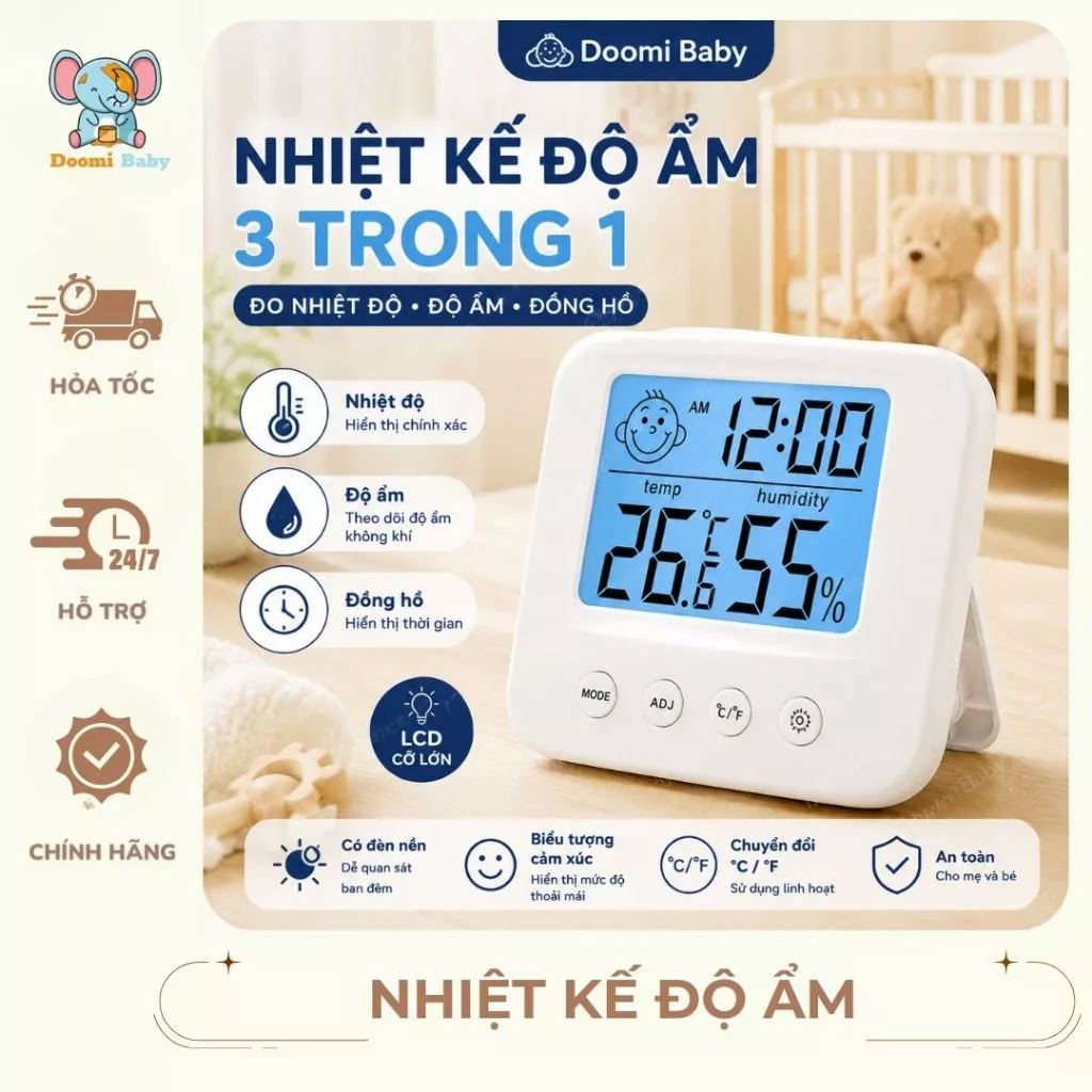 [TẶNG PIN] Nhiệt Kế Đo Nhiệt Độ Phòng, Độ Ẩm Cho Bé 3 Trong 1 An Toàn Tiện Lợi Doomi Baby - HT734 - HT761-HT865