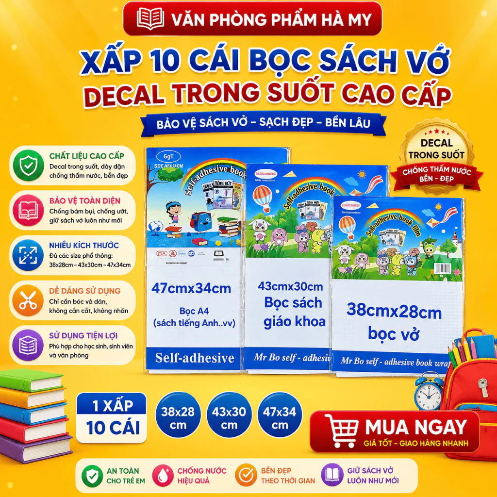 Xấp 10 Bọc Decal Tặng Kèm Nhãn Vở,Bọc Vở Đề Can 3 Kích Thước Có Keo Dán