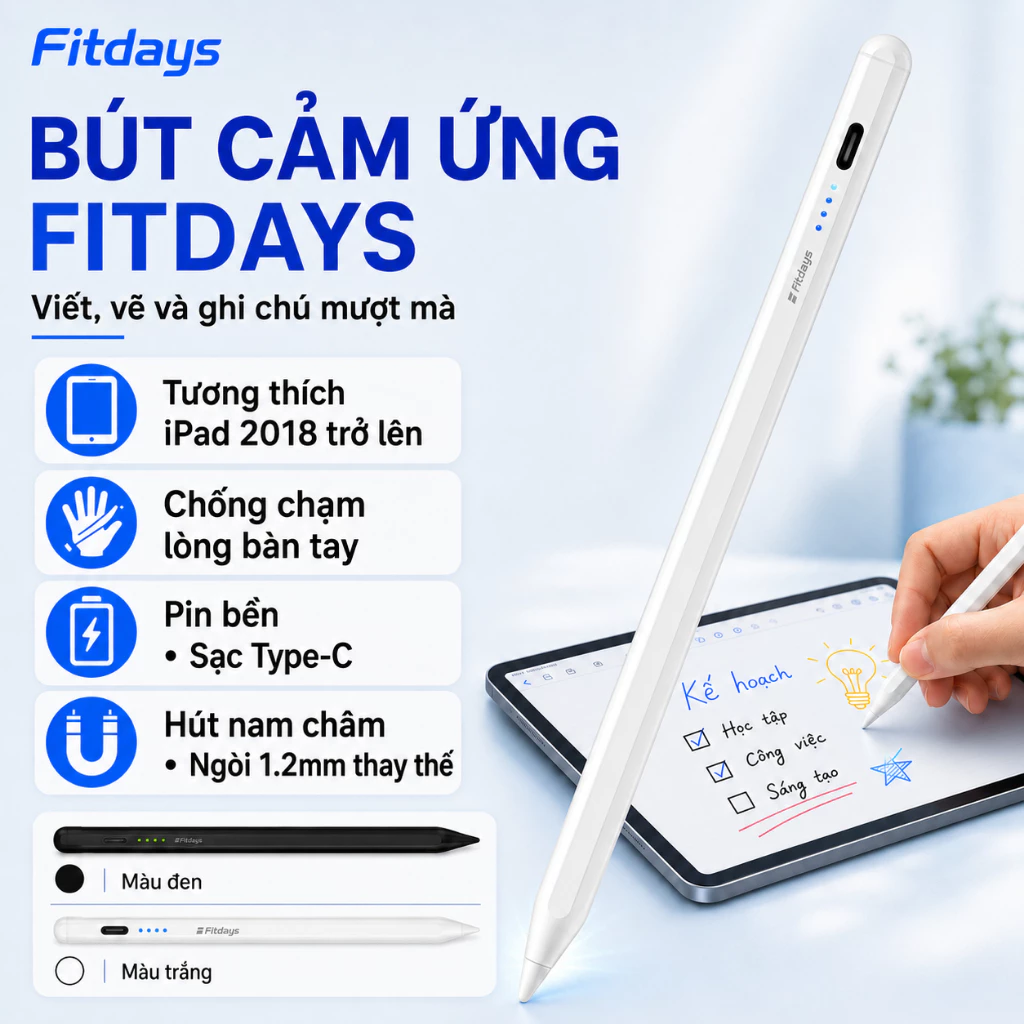 Fitdays P1 Bút cảm ứng  với đầu bút 1.2mm, gắn nam châm, thời lượng pin dài và tương thích với các ứng dụng phổ biến