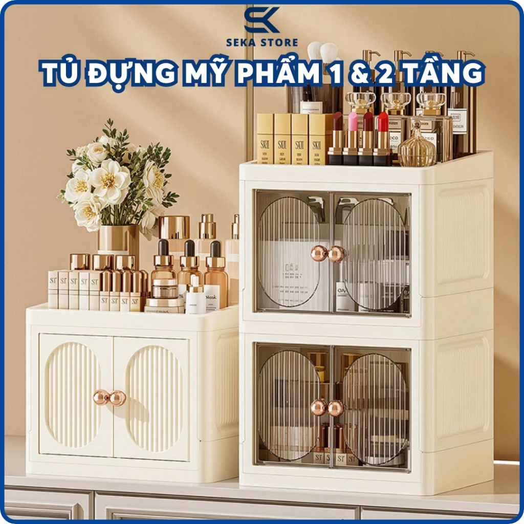 Tủ Đựng Mỹ Phẩm Gấp Gọn 1&2 Tầng, Hộp Đựng Đồ Trang Điểm Có Cửa Chống Bụi Cao Cấp