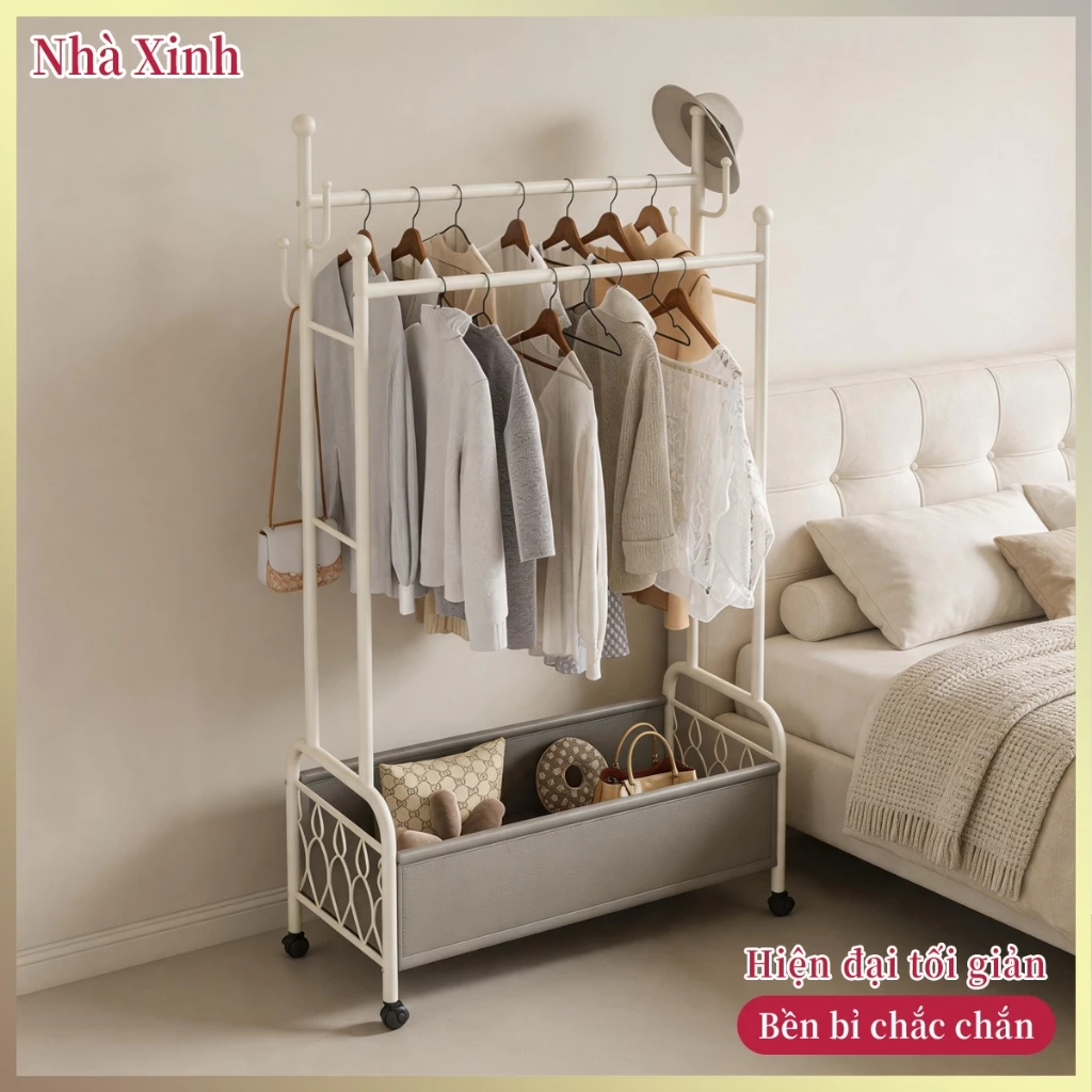 Giá treo áo mũ đa năng giỏ chứa da bánh xe xoay di động thay thế bàn đầu giường phong Bắc Âu hiện đại dùng phòng ngủ
