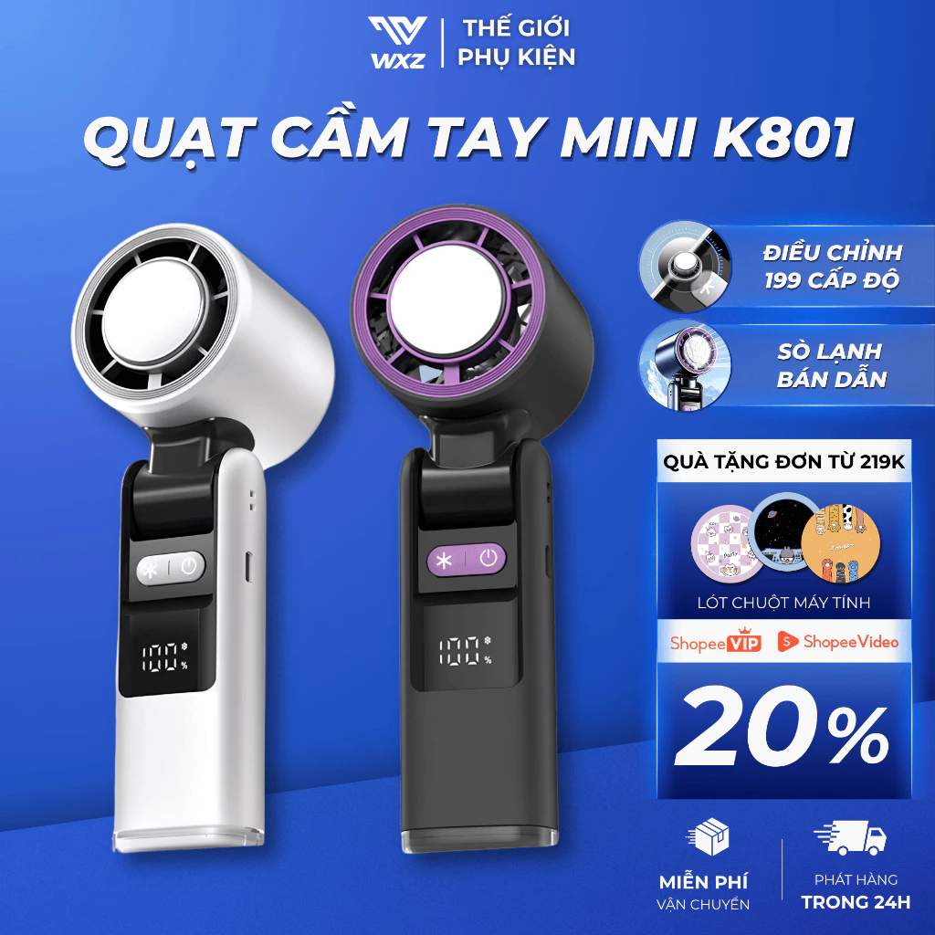 Quạt Cầm Tay K801 Sò Lạnh Làm Mát Bán Dẫn 199 Cấp Độ Gió Pin 3600mAh Gấp Gọn 180 Độ Màn LED Hiển Thị