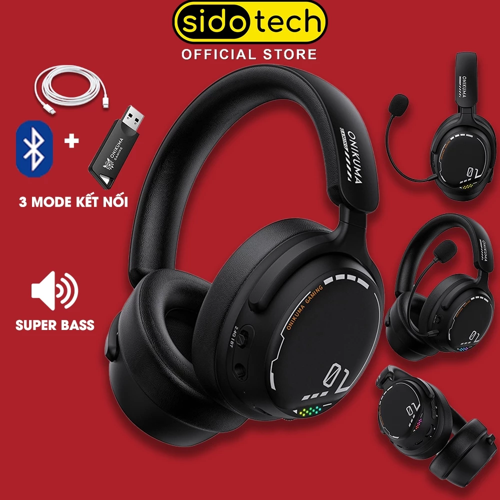 Tai nghe chụp tai gaming không dây SIDOTECH ONIKUMA GT886 bluetooth 3 mode âm thanh vòm 3D có mic rời xoay 360 led RGB