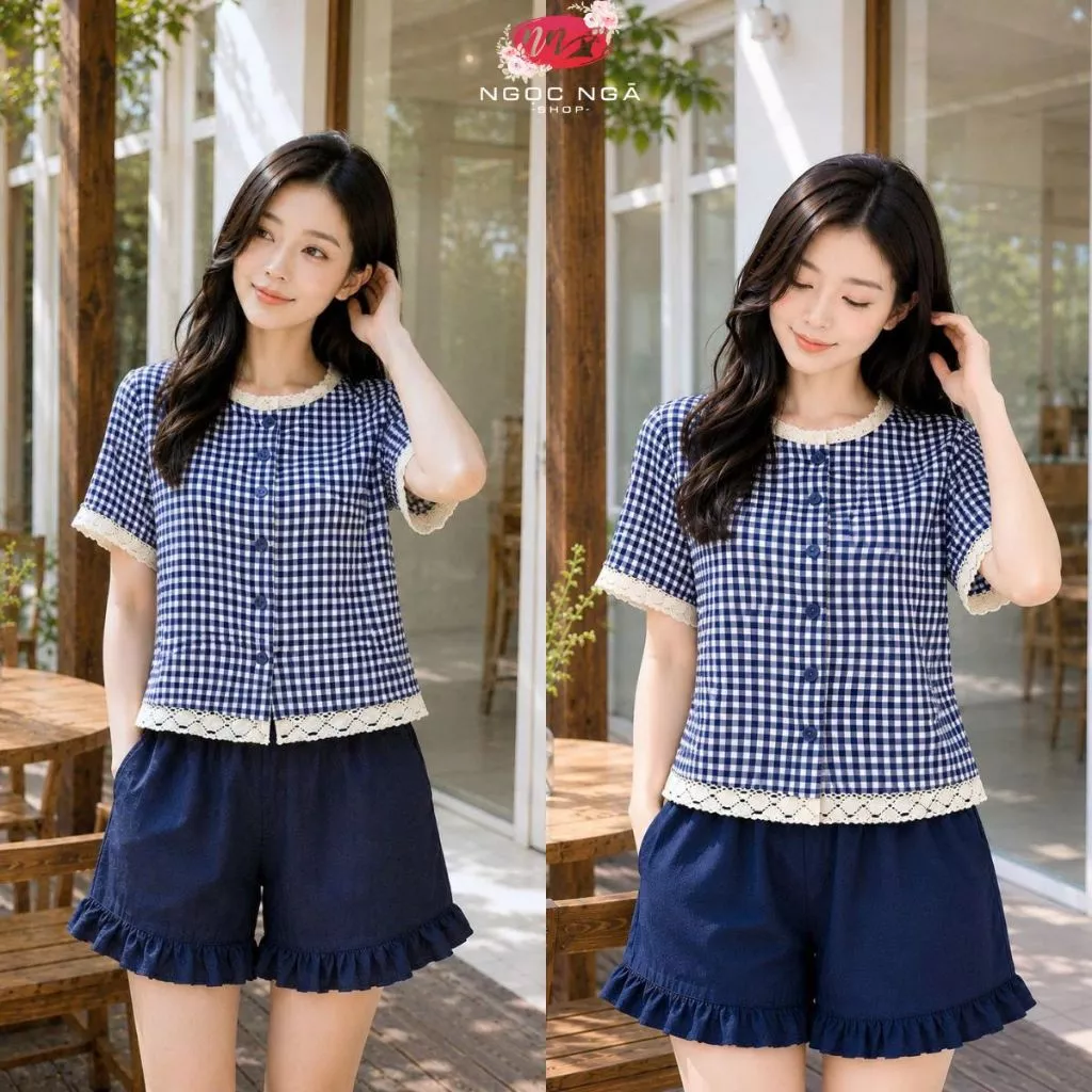 Bộ KELIVY áo sơ mi kẻ ren quần jean lụa bèo 26161 - Trẻ trung, hiện đại