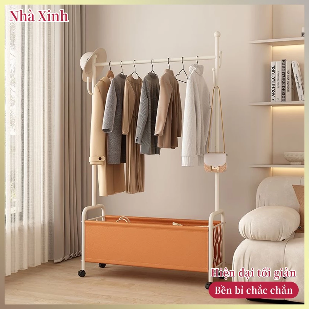 Giá treo áo đứng đa năng giỏ chứa da bánh xe xoay phòng ngủ phòng khách thiết kế tối giản hiện đại dung tích lưu trữ lớn