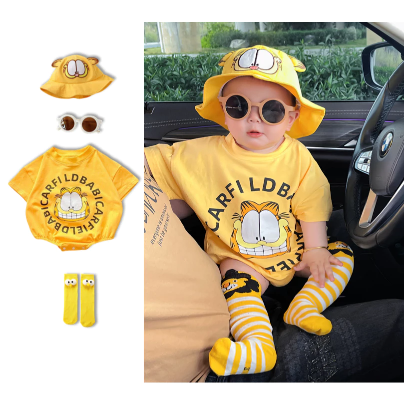Bé mùa hè áo ngắn tay Jumpsuit thời trang dễ thương kiểu Hàn Quốc màu vàng Garfield romper 0-24M