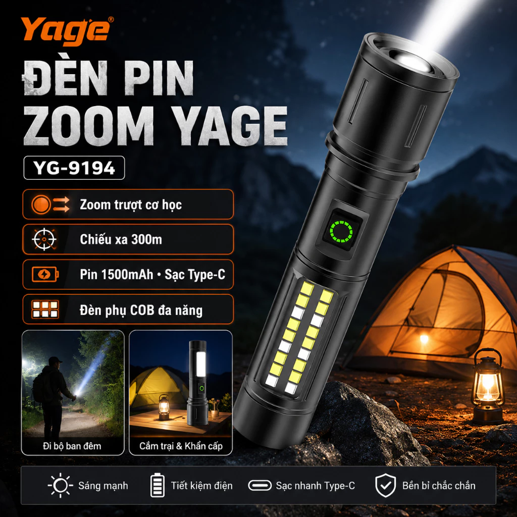 YAGE Đèn pin ngoài trời, chống mưa, thích hợp cho đi bộ đêm và cắm trại, đèn pin khẩn cấp