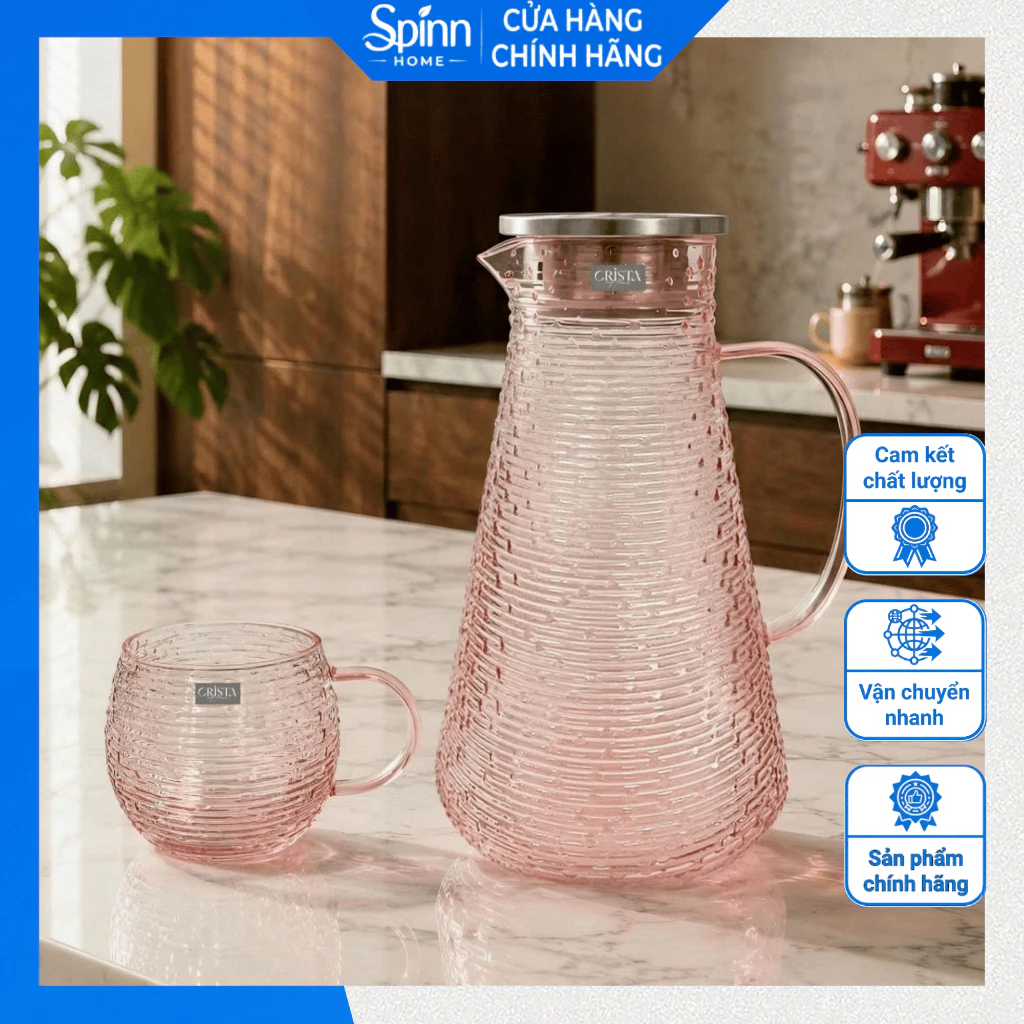 Bình nước thủy tinh chịu nhiệt có nắp đậy, bình đựng nước thiết kế nổi vân cao cấp thanh lịch