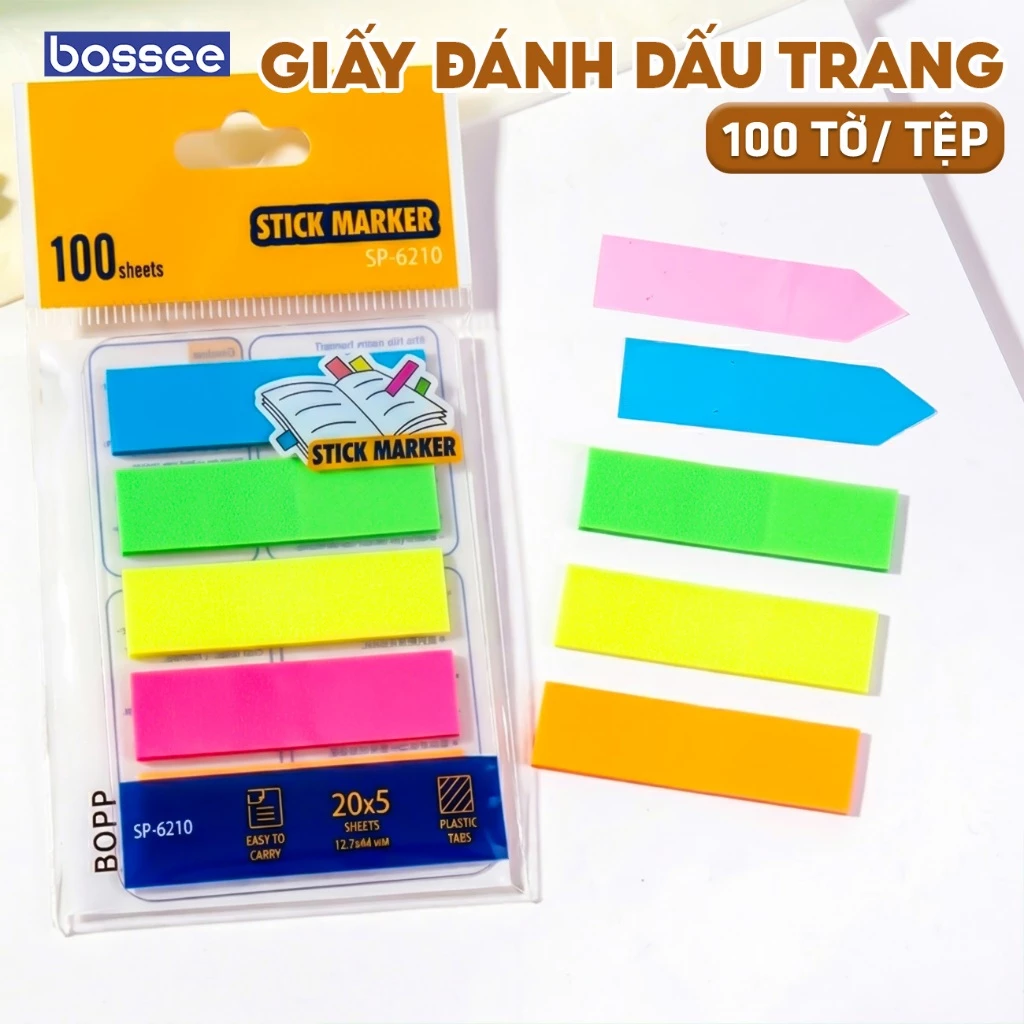 SET 100 TỜ Giấy Note Phân Trang Nhựa Dính Nhiều Màu Bossee - Tag Đánh Dấu Trang Ghi Chú Sách Tài Liệu Học Sinh