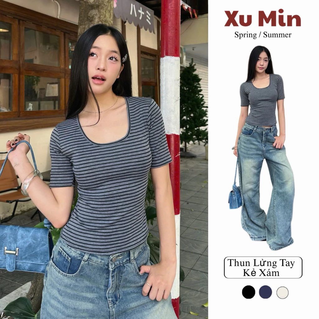 Áo Thun Xu Min Chất Cotton Lửng Tay Kẻ Xám - Thiết Kế Đơn Giản, Phong Cách Thời Trang ( Lửng Tay Kẻ Xám )