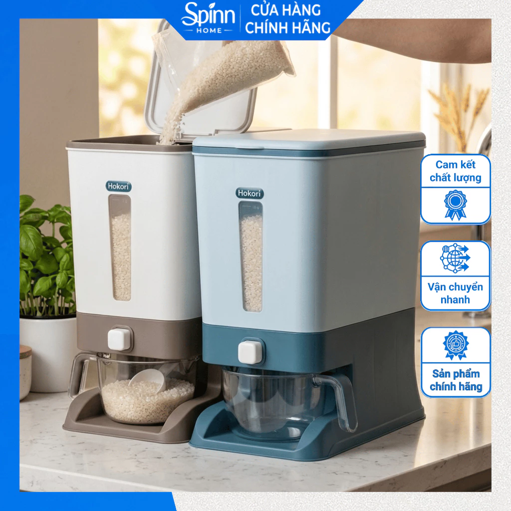 Thùng đựng gạo thông minh 10kg Hokori nhựa cao cấp, hộp đựng gạo nhấn nút chống mối mọt chống ẩm