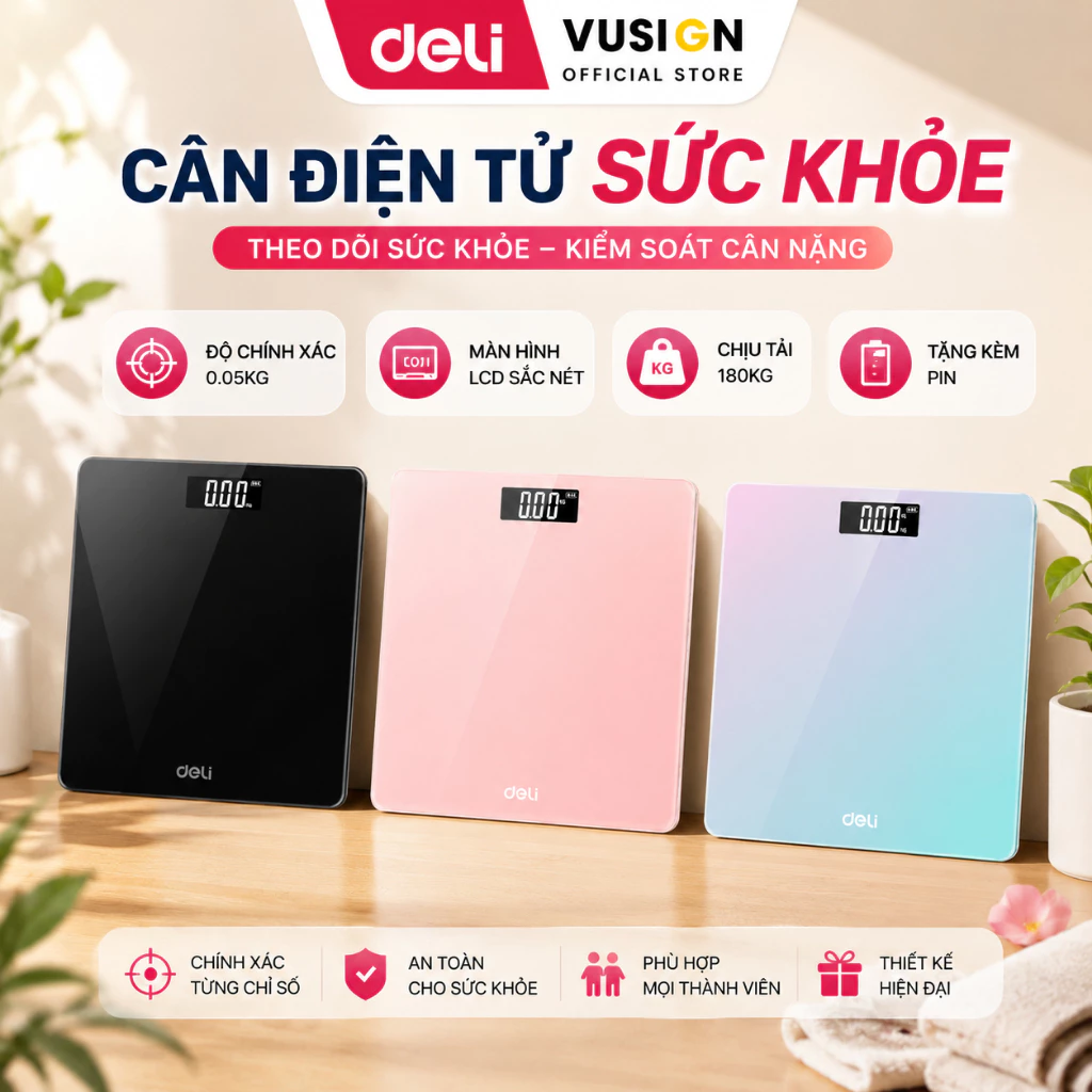 Cân Điện Tử Sức Khỏe Deli Chính Hãng Chịu Tải 180Kg Màn LCD Rõ Nét Đo Chính Xác
