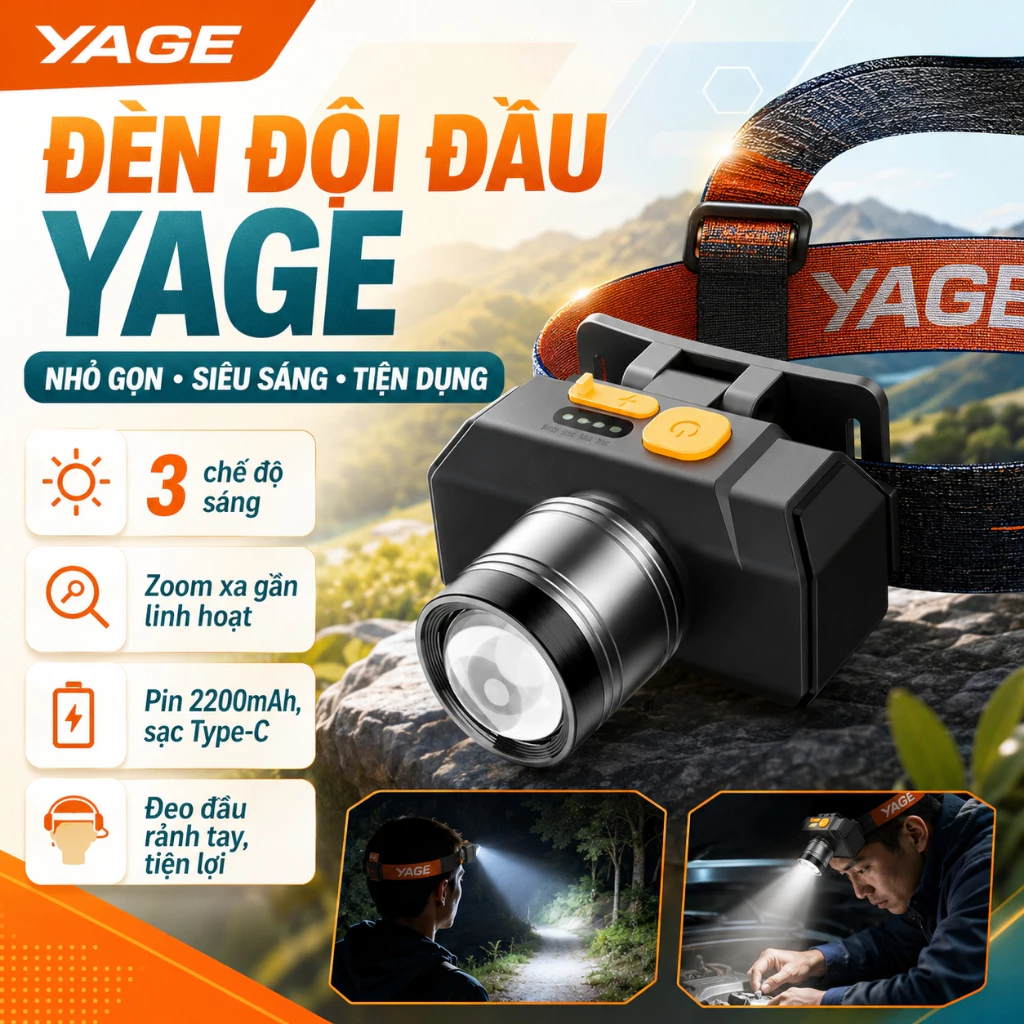 YAGE Đèn đeo đầu với ba mức độ làm mờ, sạc Type-C, thời lượng pin dài và khả năng điều chỉnh tiêu cự.