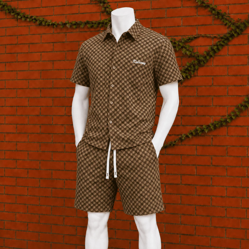 Bộ (áo sơ mi + quần short) chất liệu kaki xốp logo thêu, tay ngắn có thể giặt bằng máy menswear BH32