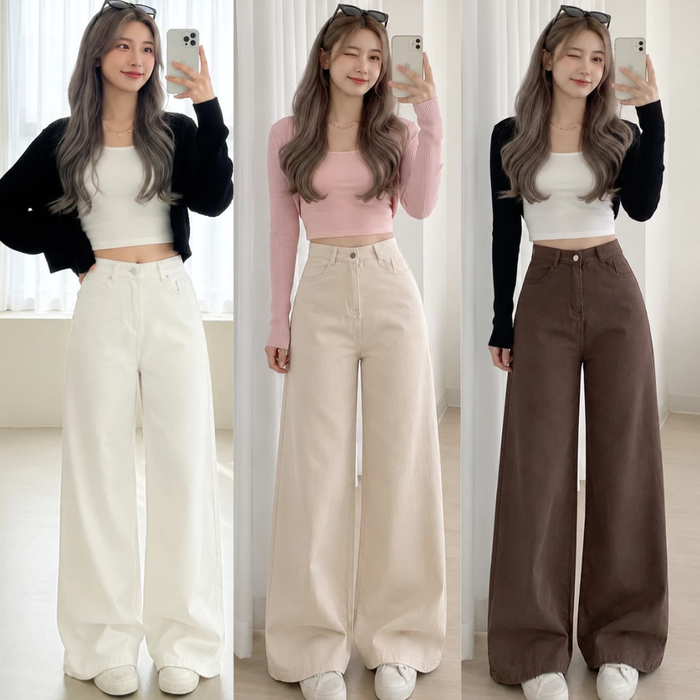 Quần Jeans Nữ Trắng Trơn MIAA  Ống Suông Cạp Cao Vải Jean Kaki Dày Phong Cách ulzzang Hàn Quốc_J09