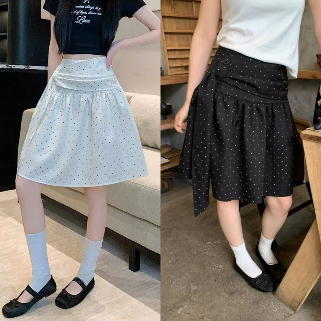 Chân váy lửng chấm bi kèm vạt cài cúc kiểu Nhật khóa giọt lệ 2 lớp Renee Store - V555