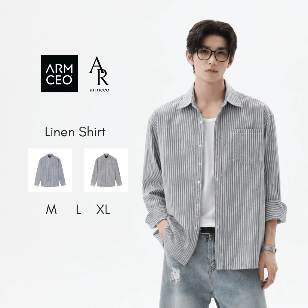 Sơ mi linen shirt kẻ sọc ARMCEO form rộng tôn dáng, chất liệu linen spandex siêu mát -S13