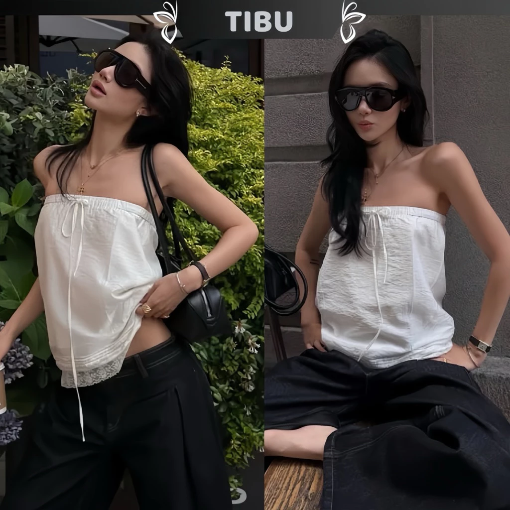 TIBU - Áo Quây Nữ Kiểu Viền Ren Đính Nơ Xinh Xắn Đơn Giản Đi Chơi Dạo Phố Mùa hè A763