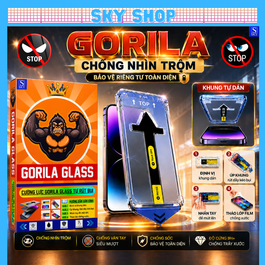 Kính Cường Lực Iphone GORILA Tự Dán Chống Nhìn Trộm FULL HỘP Cho ip 17 ProMax…
