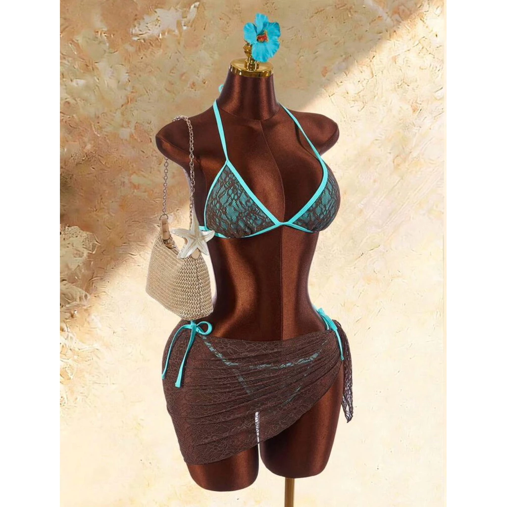 [Order] Set Bikini 3 Món Kèm Khăn Quấn Chất Liệu Ren Phối Viền Xanh Phù Hợp Mùa Hè, Đi Biển.