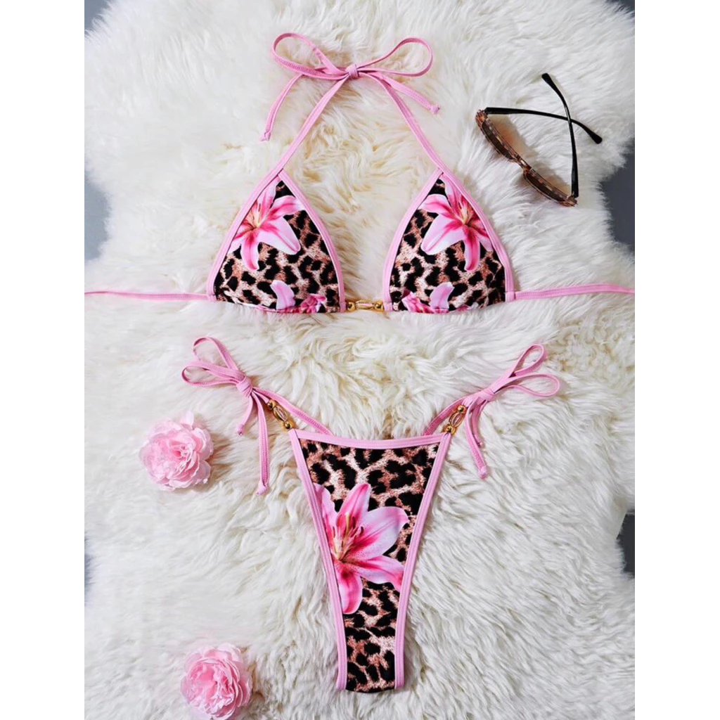 [Order] Set Bikini 2 Mảnh Phối Khoen Gold Hoạ Tiết Da Beo Phối Hoa Ly Phù Hợp Mùa Hè, Đi Biển