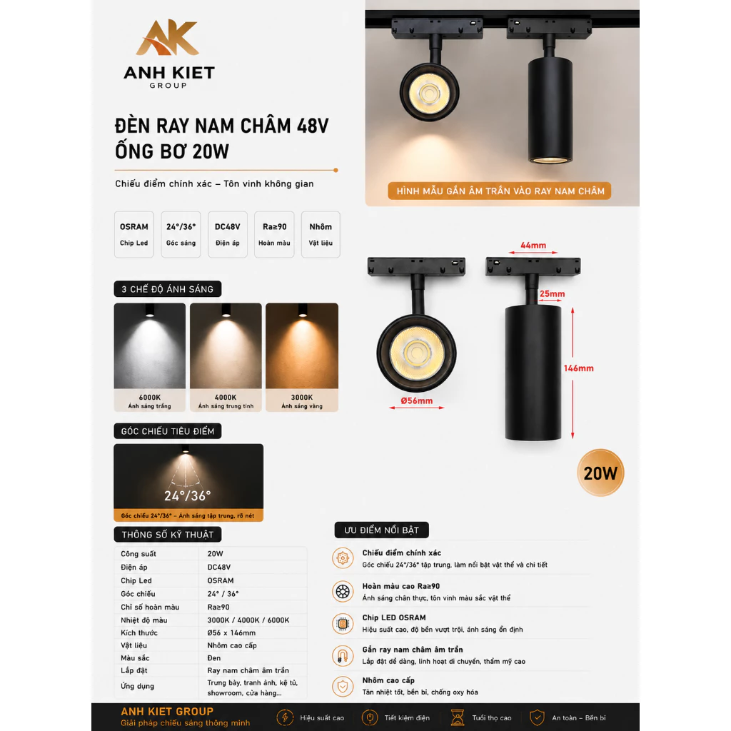 Đèn Led Spotlight Rọi Ống Bơ Chiếu Điểm Gắn Ray Nam Châm