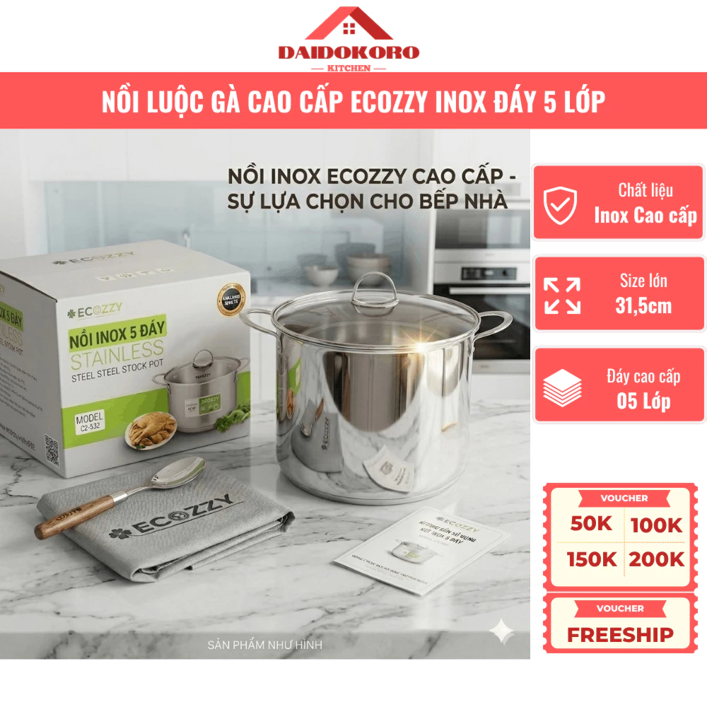 Nồi Luộc Gà Inox Cao Cấp ECOZZY  Đáy 5 Lớp, Nắp Bằng Kính Cường Lược, Size To 15 Lít