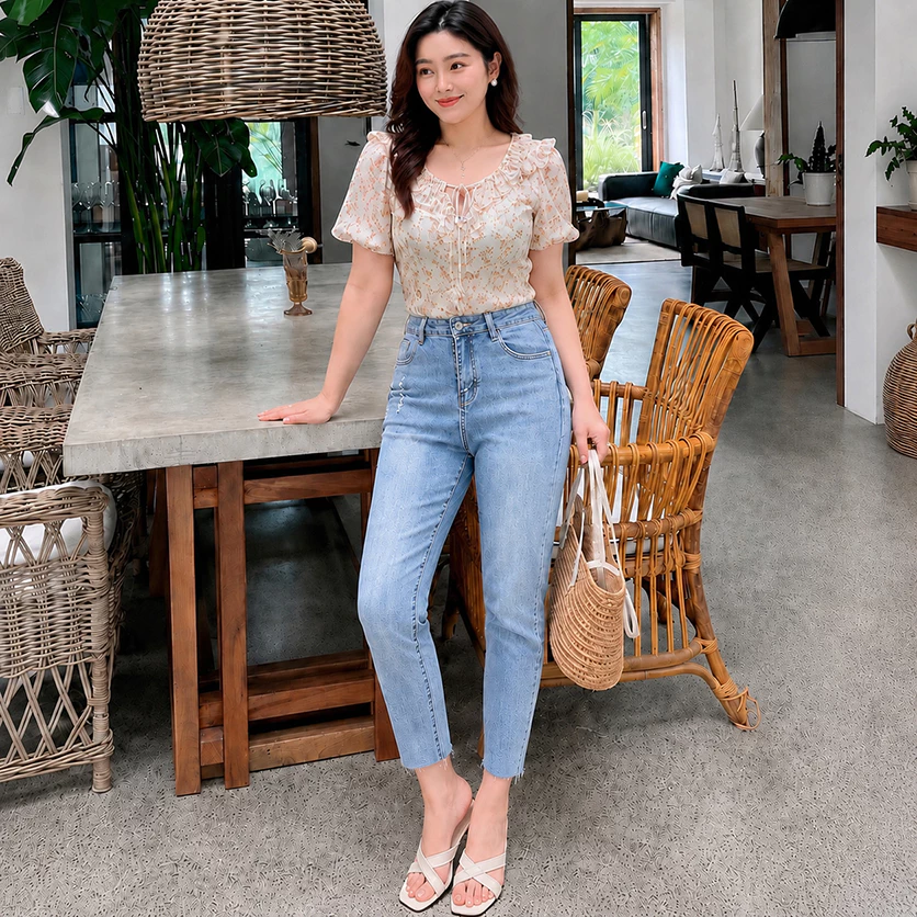 Quần Jean Nữ Rách 9 Tấc Bigsize Lưng Cao Rách Nhẹ Xanh Nhạt Co Dãn Mạnh 0156 4086 MoliJean