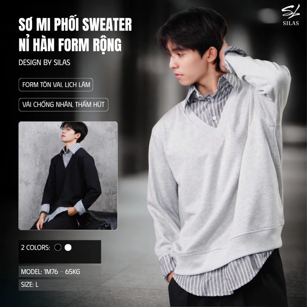 (Form Tôn Vai) Áo Sơ Mi SILAS Phối Nỉ Hàn Menswear Form Rộng - ASL12