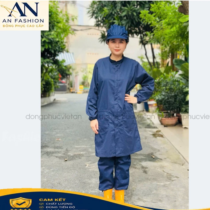 Áo blouse thực phẩm màu xanh đen - thủy sản vải kaki dài tay dây kéo cực mát - hàng sẵn