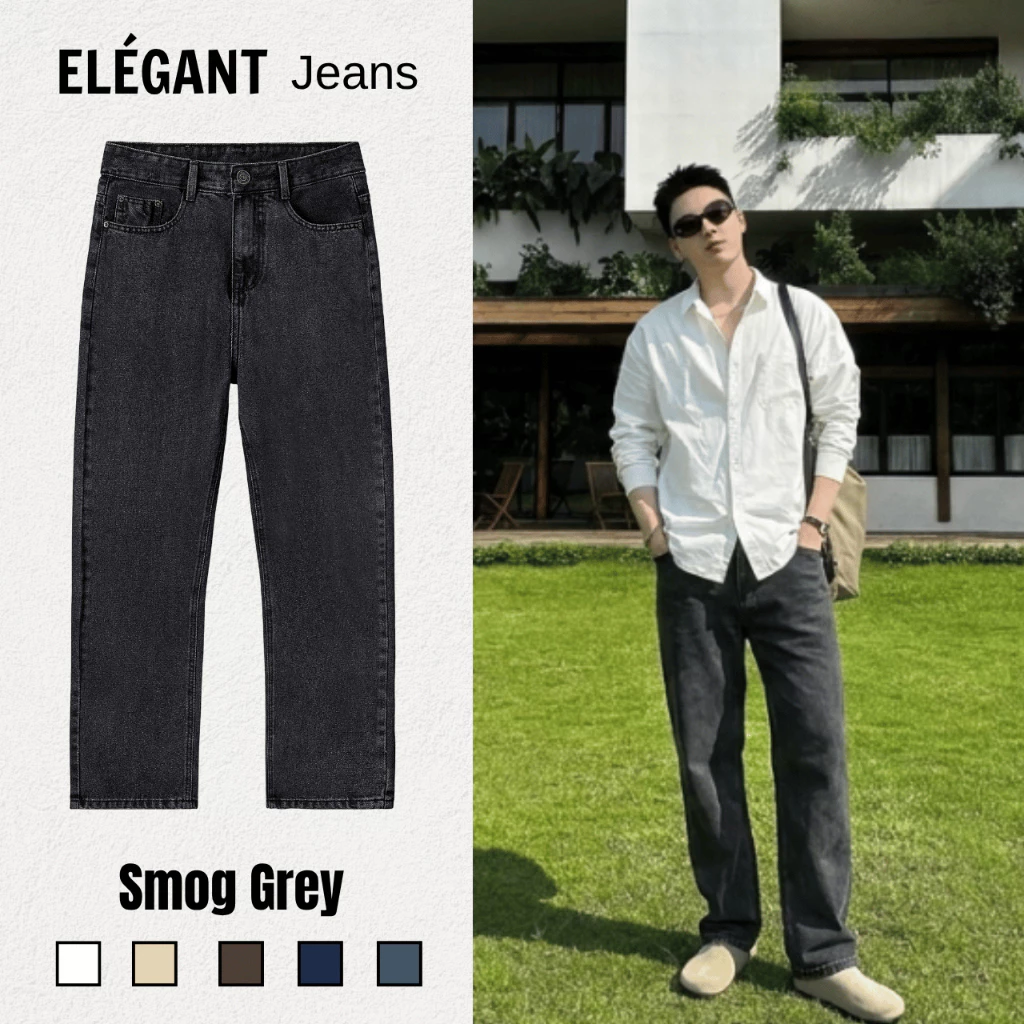 Quần Jean Kaki Nam Ống Suông Đứng Màu Smog Grey ELEGANT, Quần Bò Nam Nữ Form Suông Rộng Có BigSize