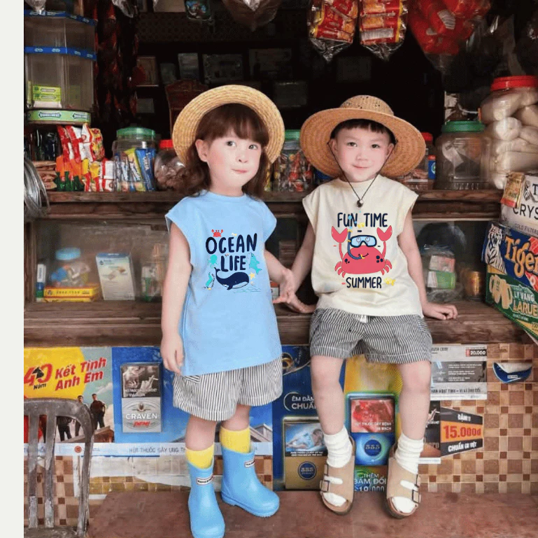 Áo thun sát nách chất cotton mặc hè cho bé trai, bé gái ELIOKIDS, áo thun TANKTOP mặc đi biển cho bé từ 7kg-32kg.