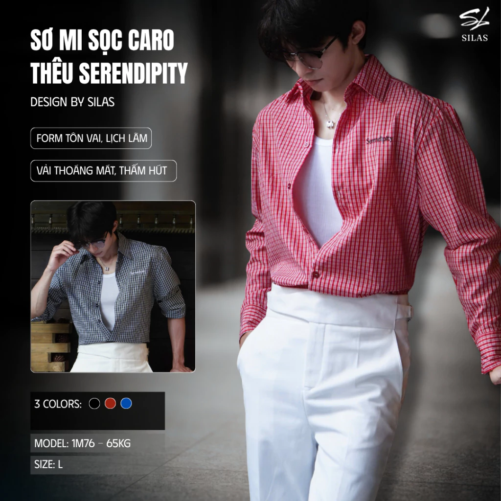 Áo sơ mi sọc caro SILAS thêu Serendipity Cotton chéo form rộng