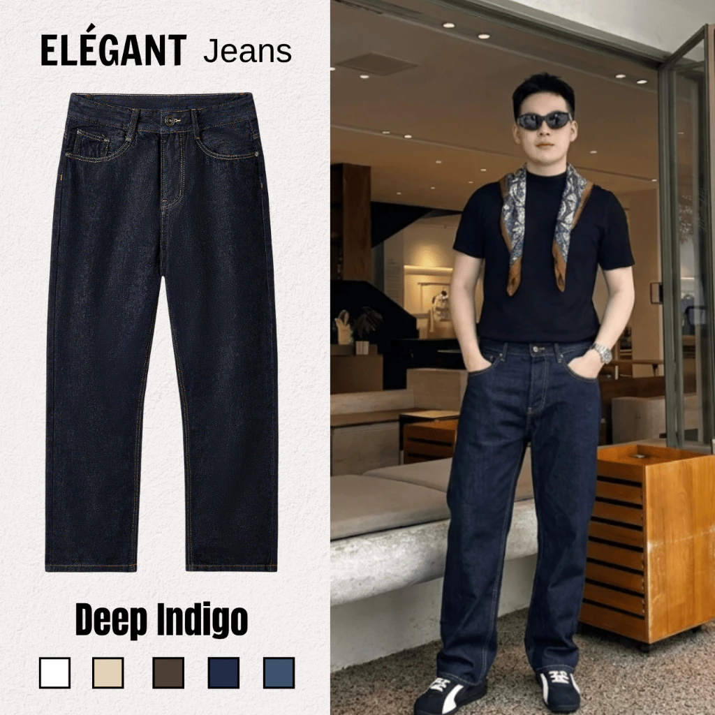 Quần Jean Kaki Nam Ống Suông Đứng Màu Deep Indigo ELEGANT, Quần Bò Nam Nữ Form Suông Rộng Có BigSize