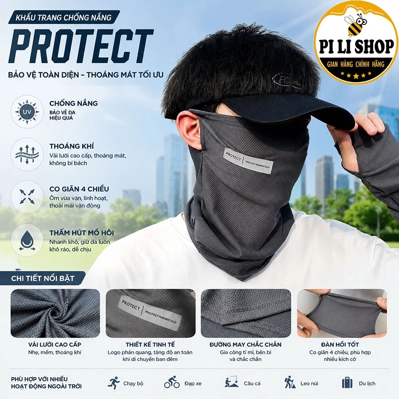 Khăn Che Mặt Chống Nắng Nam Nữ Bảo Vệ Toàn Diện Protect, Khẩu Trang Dạng Ống Vải Lụa Mềm Thoáng Mát