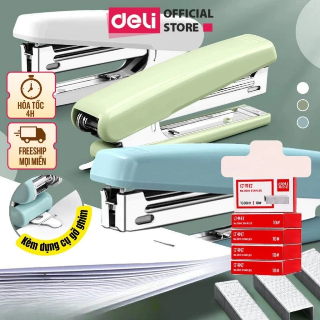 Dập Ghim Deli 30 Trang Ghim Bấm Giấy Số 10 Màu Pastel Dễ Thương Nhỏ Gọn Tiện Lợi Văn Phòng