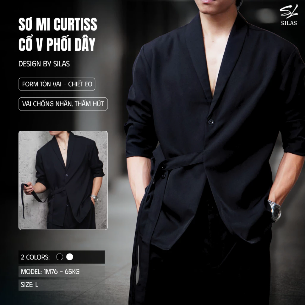 (Form Tôn Vai) Áo Sơ Mi SILAS Curtiss Cổ V Phối Dây Siết Eo Cotton Chéo Form Rộng - ASL43