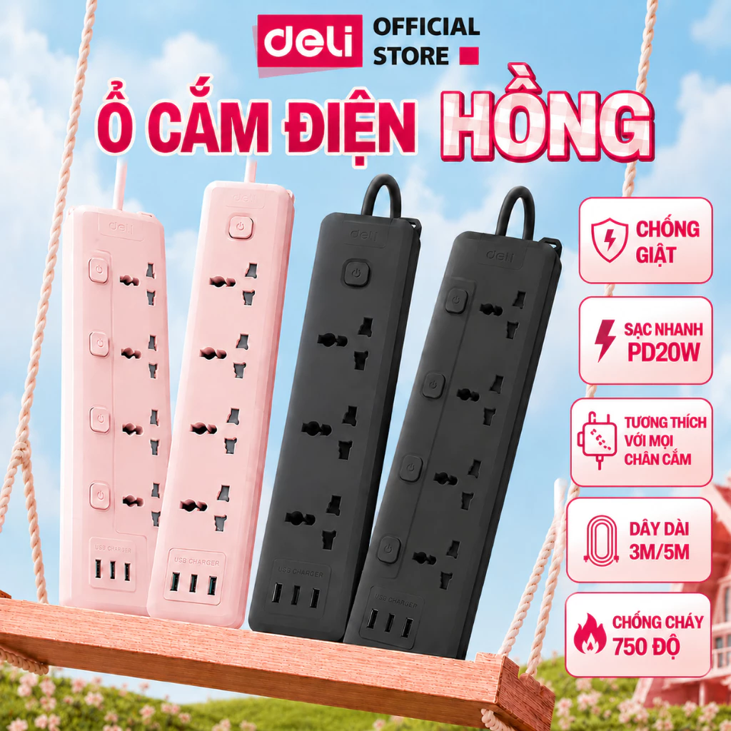 Ổ Cắm Điện Hồng Đen Trắng 2026 Deli Ổ Cắm Điện DELI Sạc NhanhPD20W Tích Hợp USB Ổ Điện Đa Năng 2500W An Toàn Có Cầu Chì