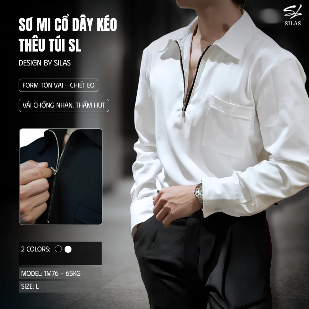 (Form Tôn Vai) Áo Sơ mi SILAS Dây Kéo Thêu Túi SL Cotton Chéo Form Tôn Vai - ASL51