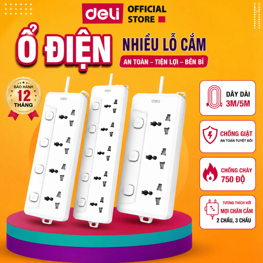 Ổ Cắm Điện DELI Nhiều Lỗ Cắm (4-8 Lỗ) Ổ Điện Nhiều Chân Cắm Chiều Dài Dây 2m/3m/5m Nút Bảo Vệ Quá Áp Công Suất 2500W