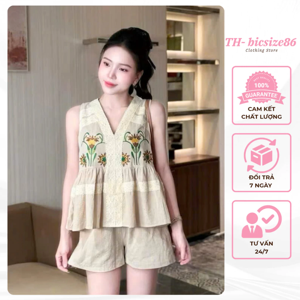 Set áo kiểu nữ babydoll không tay  hinh in kèm quần đùi chất đũi form 45-60kg