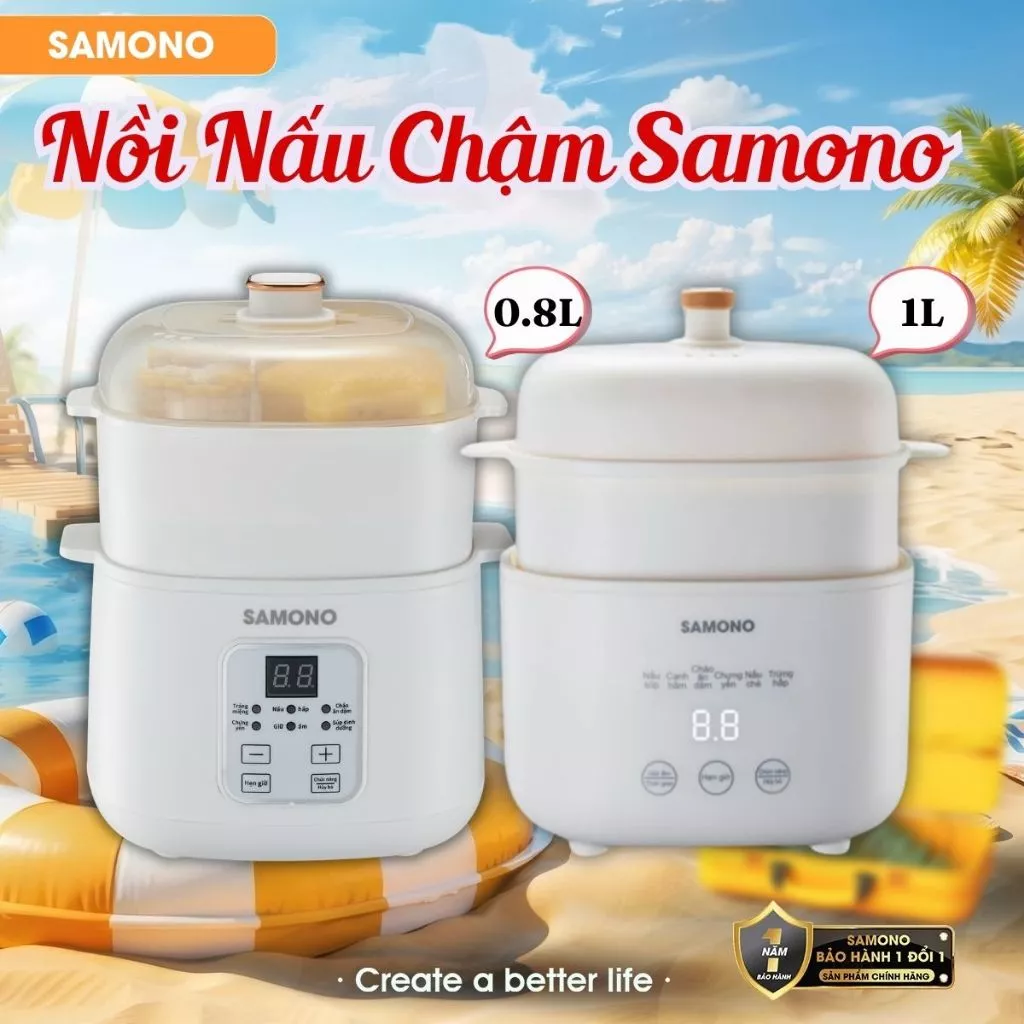 Nồi nấu chậm đa năng SAMONO dung tích 1L/0.8L phiên bản tiếng Việt SC10/ SC08B- Chính hãng BH 1 năm